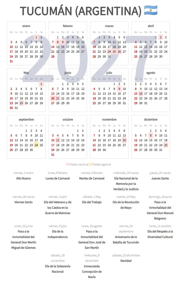 Calendario Laboral 2027, Tucumán (Argentina)