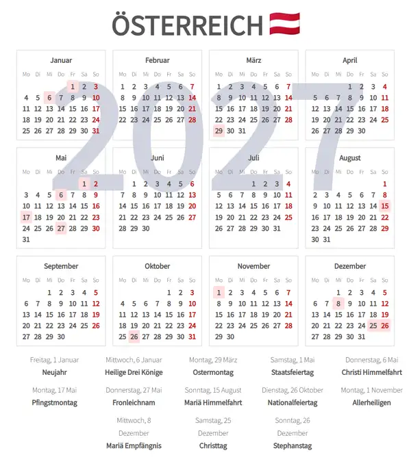 Arbeitskalender 2027 für Österreich - Feiertage
