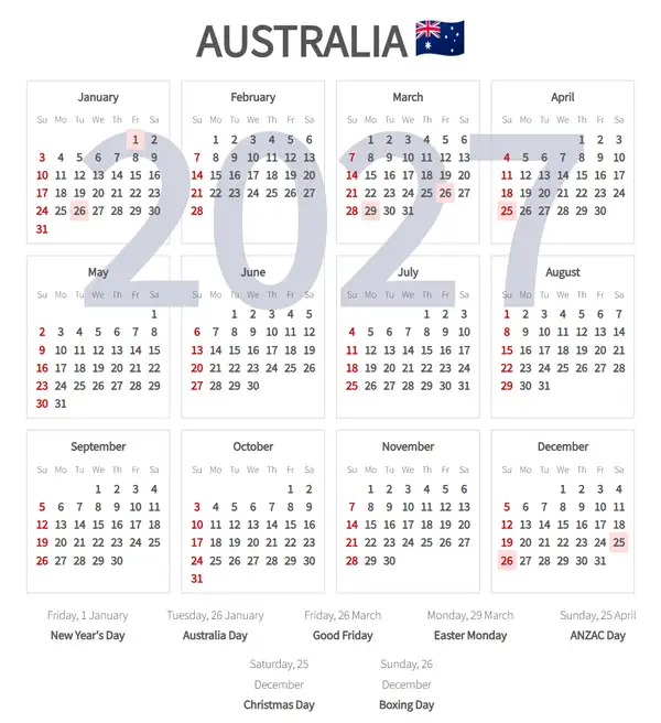Work Calendar 2027, Australia - Public Holidays