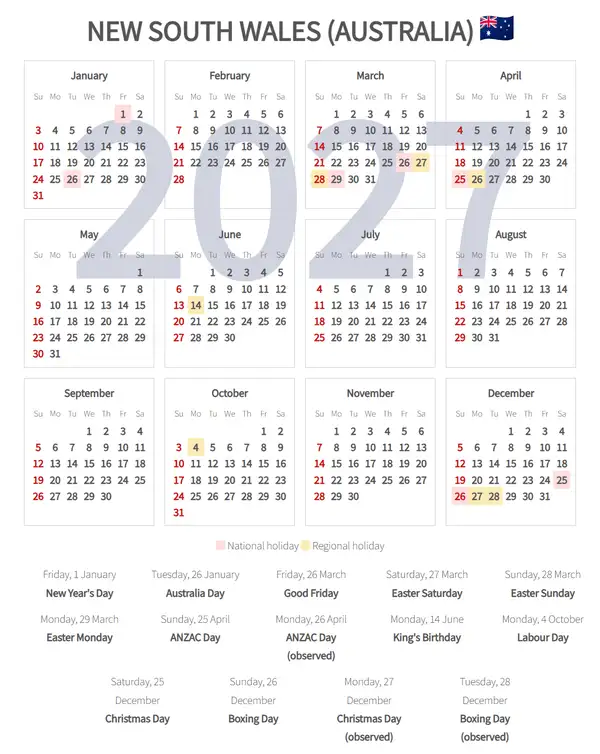 Work Calendar 2027, New south wales (Australia)