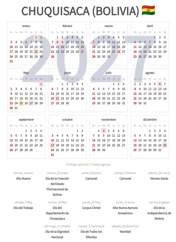 Calendario Laboral 2027, Chuquisaca (Bolivia)