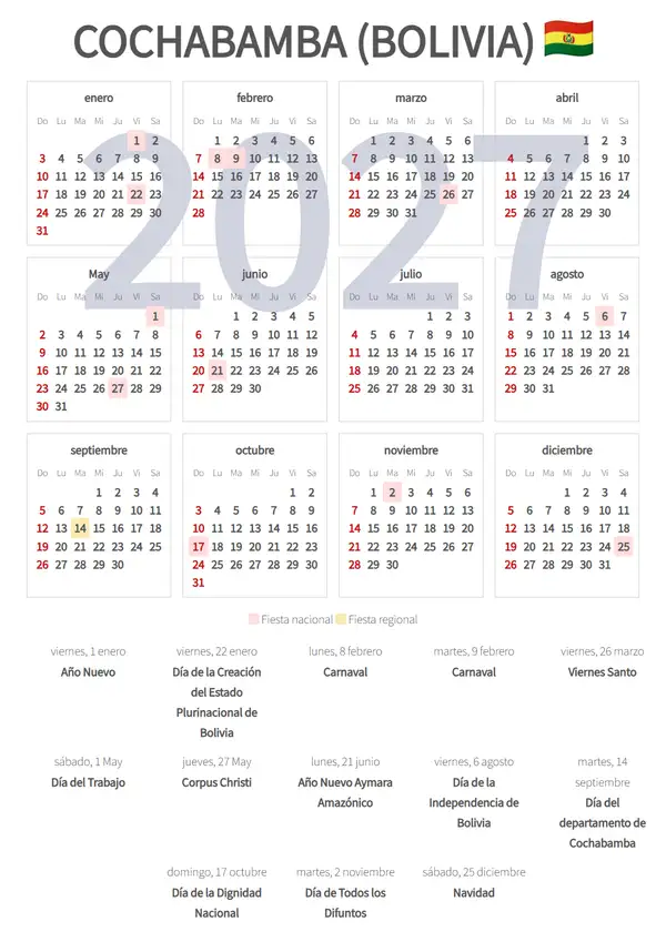 Calendario Laboral 2027, Cochabamba (Bolivia)