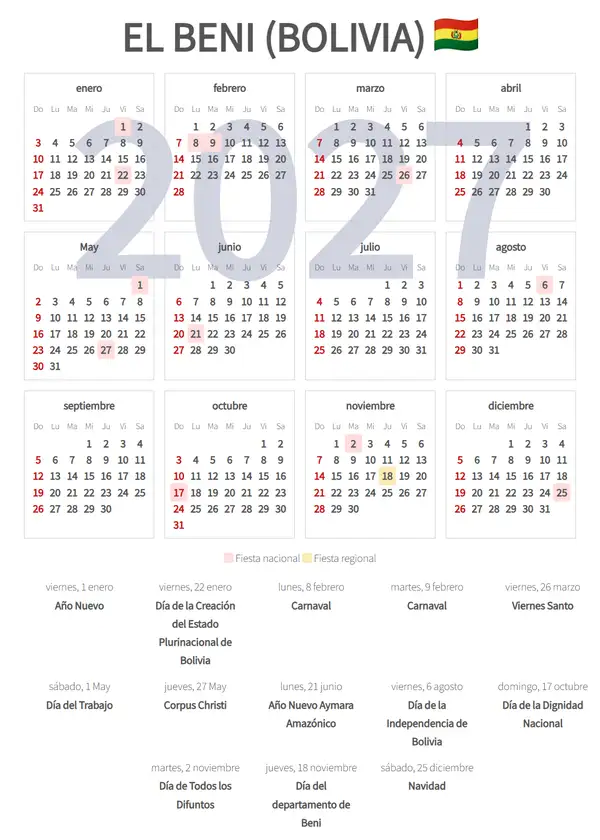 Calendario Laboral 2027, El beni (Bolivia)