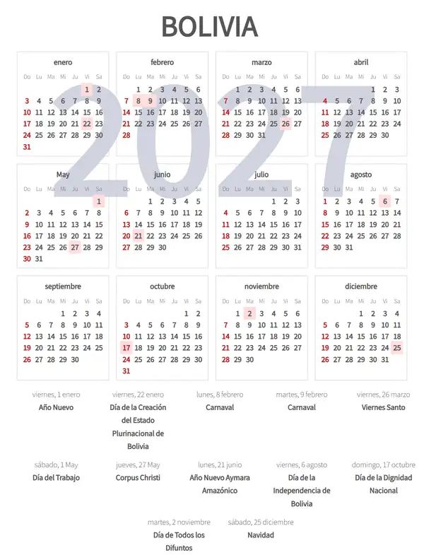 Calendario Laboral 2027 de Bolivia
