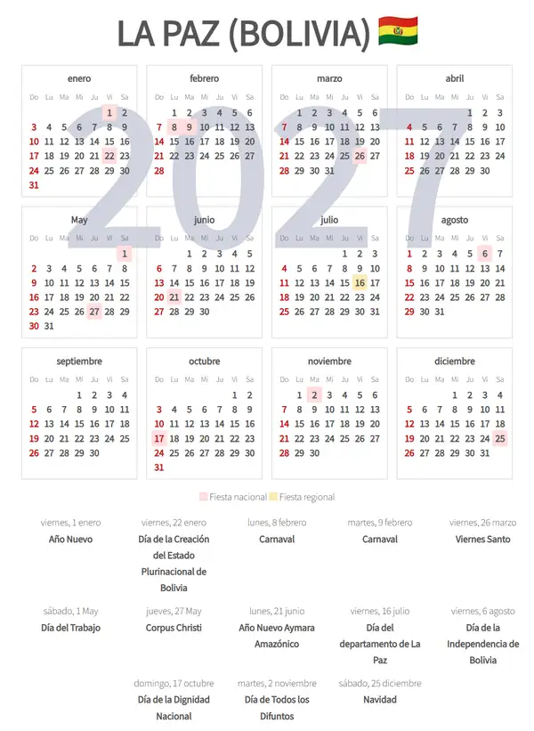 Calendario Laboral 2027, La paz (Bolivia)