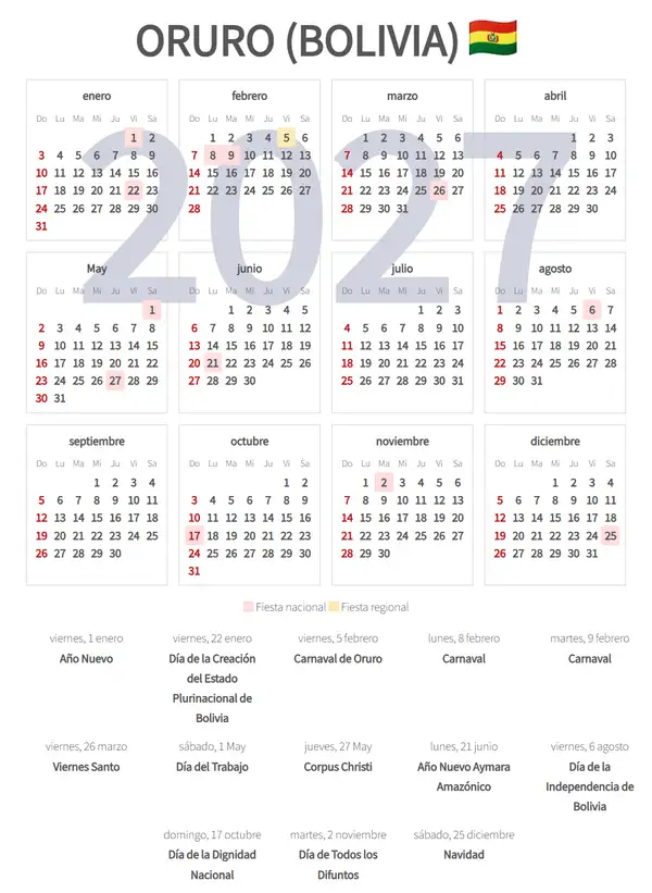 Calendario Laboral 2027, Oruro (Bolivia)