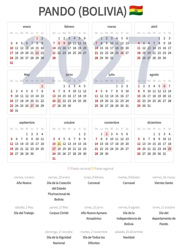 Calendario Laboral 2027, Pando (Bolivia)
