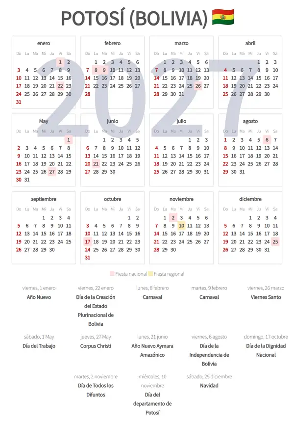 Calendario Laboral 2027, Potosí (Bolivia)