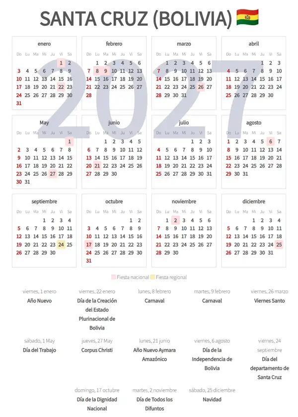 Calendario Laboral 2027, Santa cruz (Bolivia)