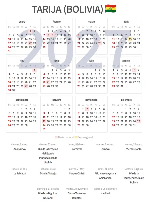 Calendario Laboral 2027, Tarija (Bolivia)