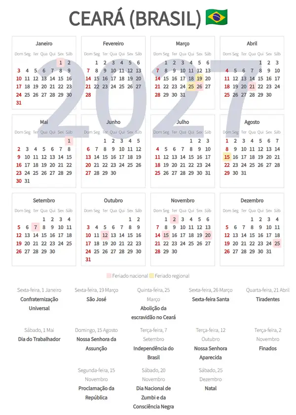 Calendário Laboral 2027, Ceará (Brasil)