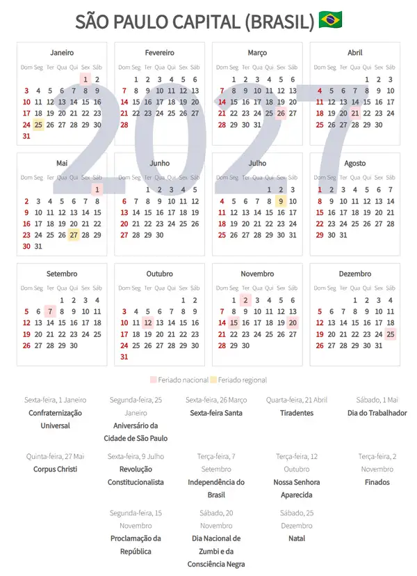Calendário Laboral 2027, São paulo capital (Brasil)