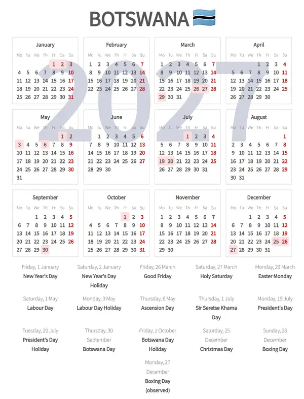 Work Calendar 2027, Botswana - Public Holidays