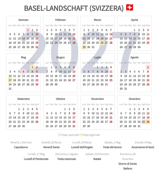 Calendario Lavorativo 2027, Basel-landschaft (Svizzera)
