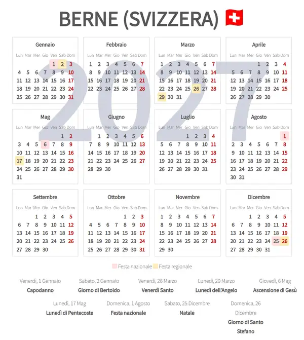 Calendario Lavorativo 2027, Berne (Svizzera)