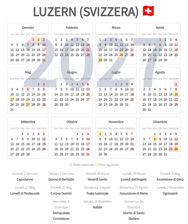 Calendario Lavorativo 2027, Luzern (Svizzera)