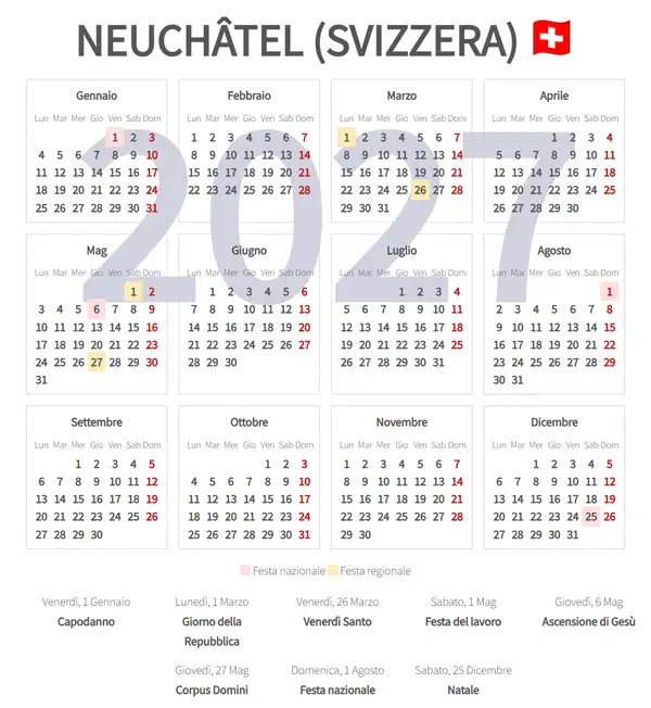 Calendario Lavorativo 2027, Neuchâtel (Svizzera)
