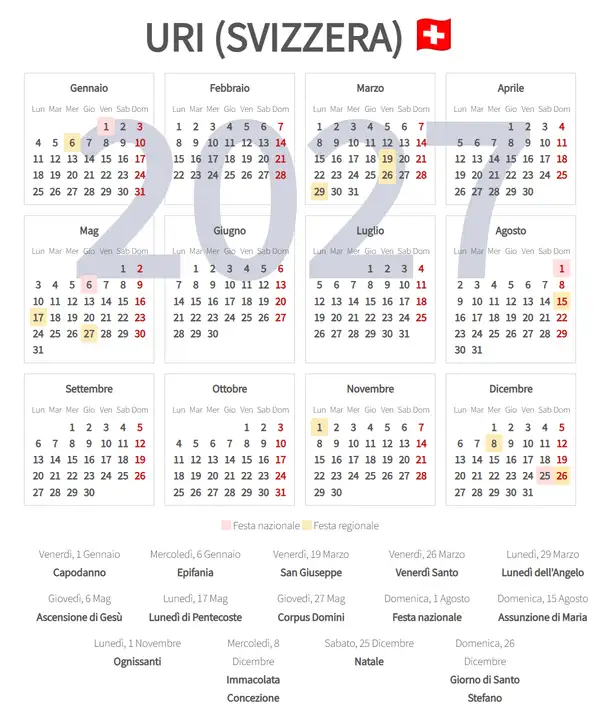 Calendario Lavorativo 2027, Uri (Svizzera)