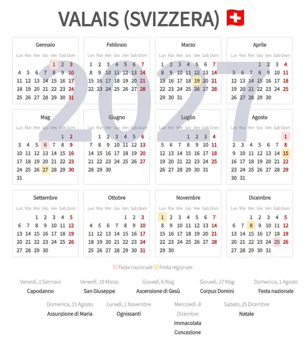 Calendario Lavorativo 2027, Valais (Svizzera)