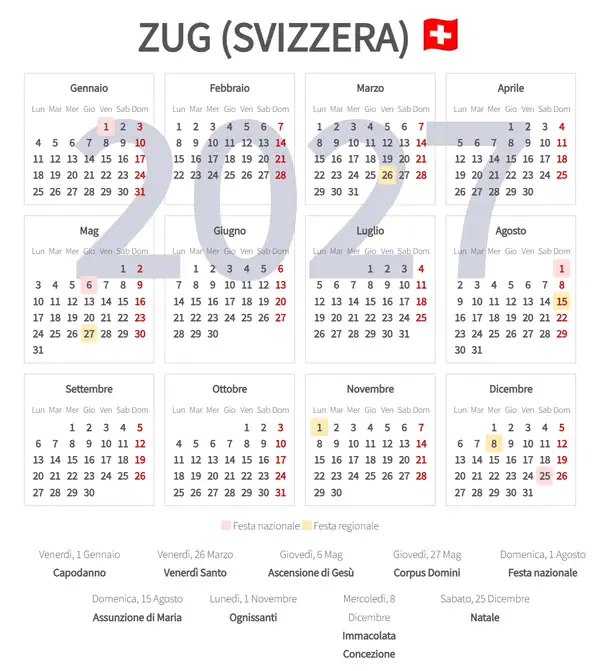 Calendario Lavorativo 2027, Zug (Svizzera)