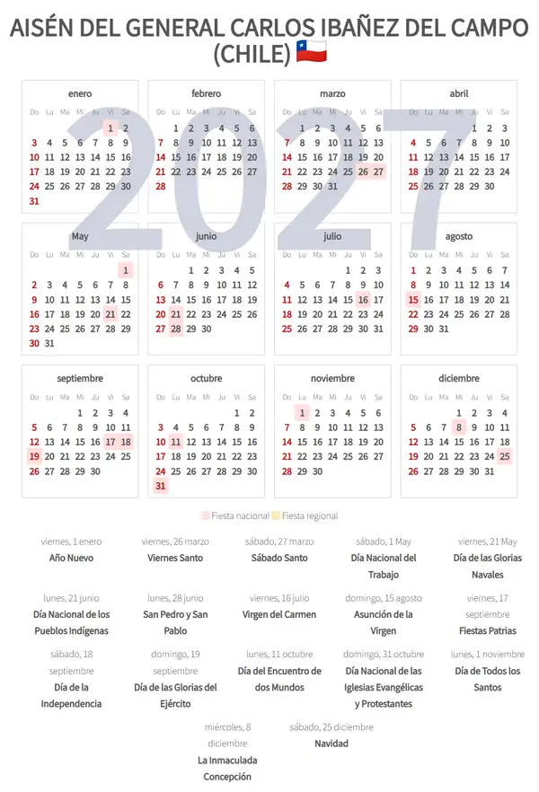 Calendario Laboral 2027, Aisén del general carlos ibañez del campo (Chile)