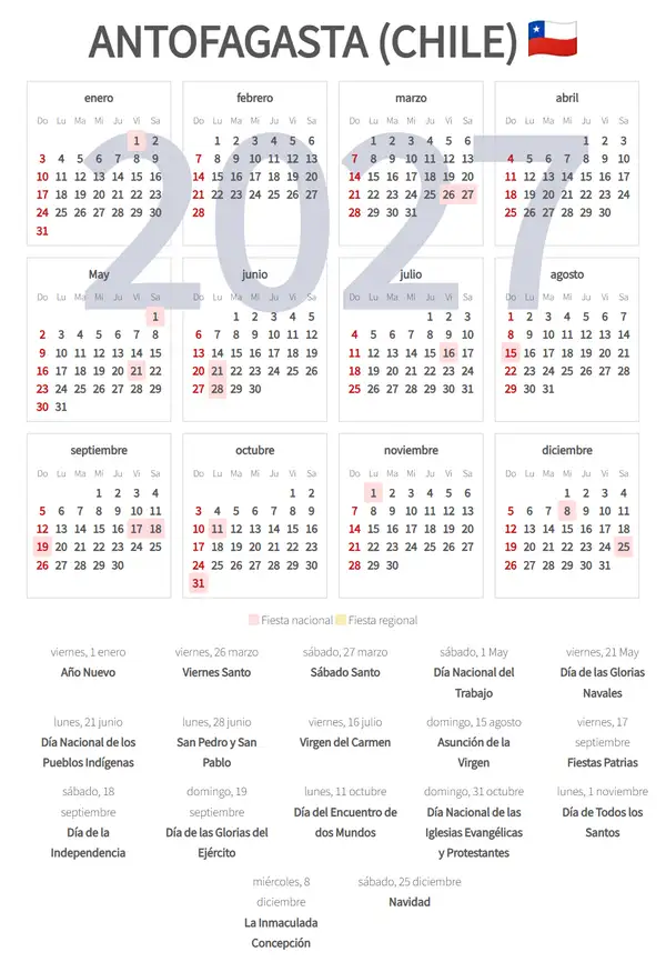 Calendario Laboral 2027, Antofagasta (Chile)