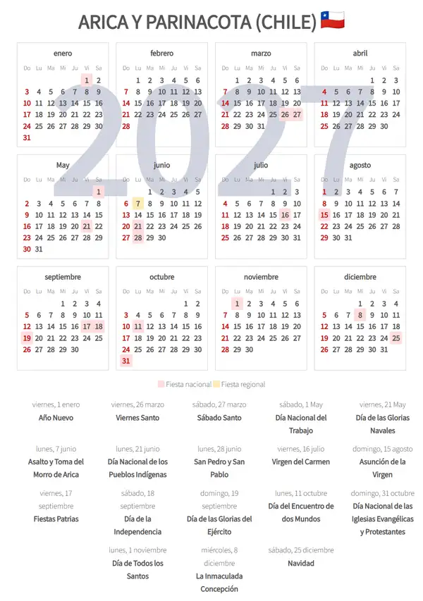 Calendario Laboral 2027, Arica y parinacota (Chile)