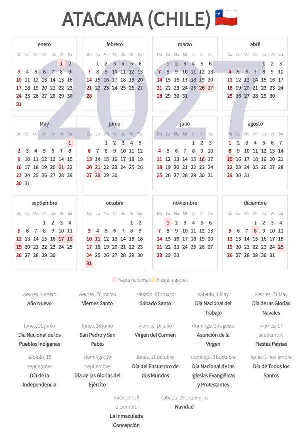 Calendario Laboral 2027, Atacama (Chile)
