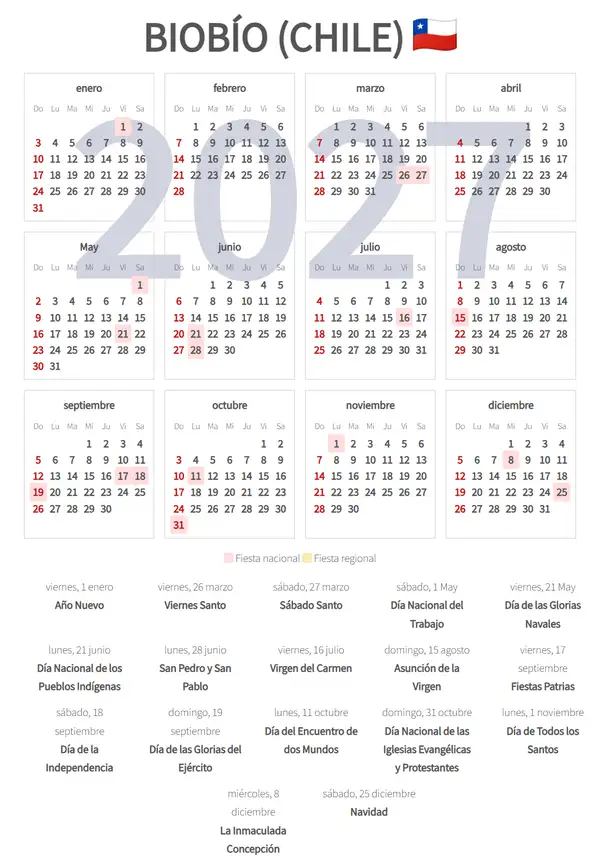 Calendario Laboral 2027, Biobío (Chile)
