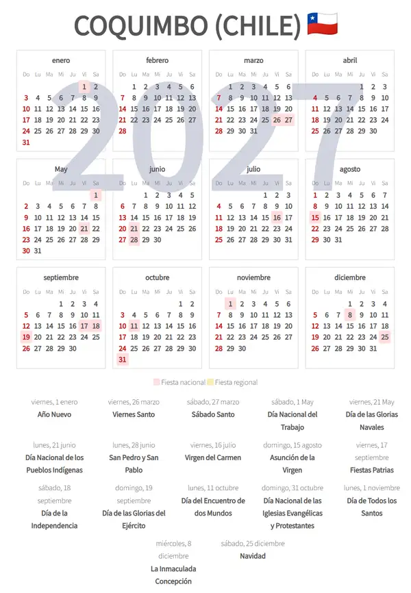 Calendario Laboral 2027, Coquimbo (Chile)