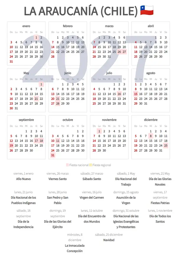 Calendario Laboral 2027, La araucanía (Chile)