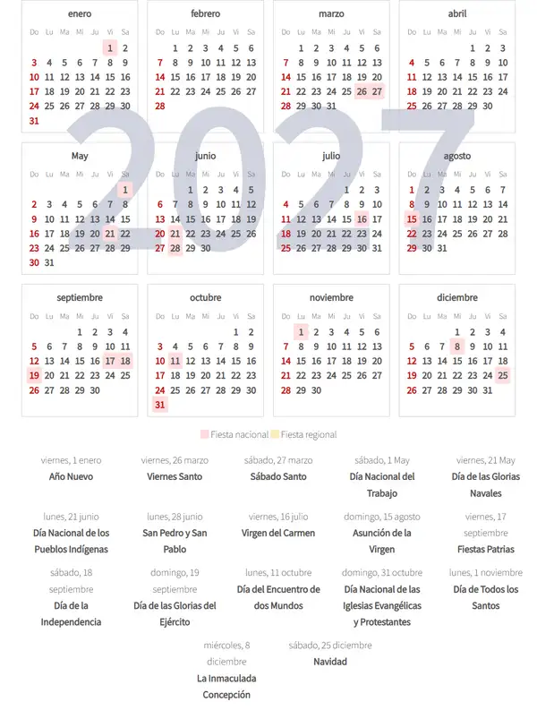 Calendario Laboral 2027, Libertador general bernardo o'higgins (Chile)