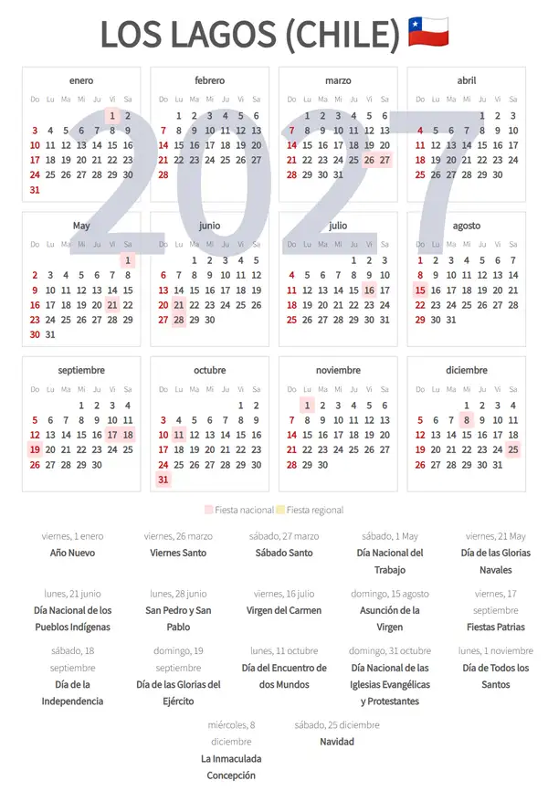 Calendario Laboral 2027, Los lagos (Chile)