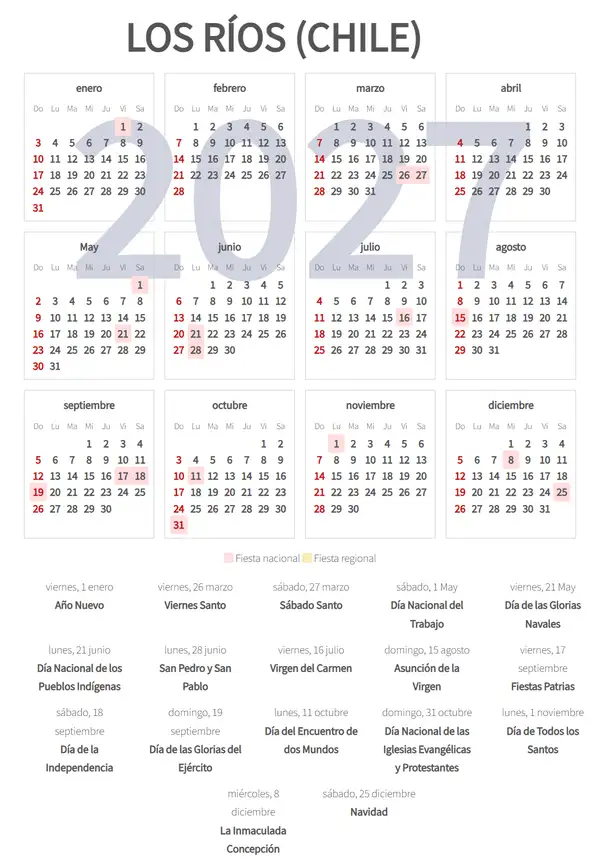 Calendario Laboral 2027, Los ríos (Chile)
