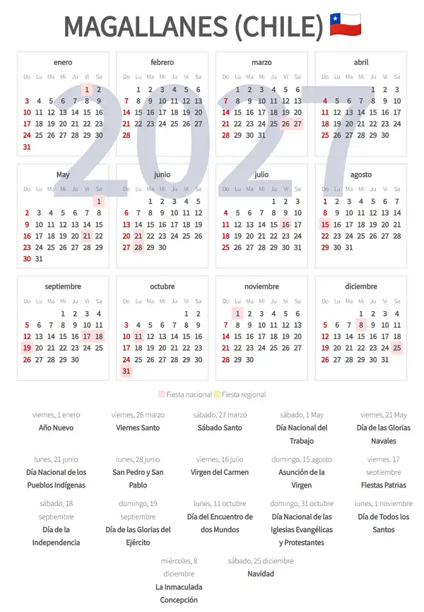 Calendario Laboral 2027, Magallanes (Chile)