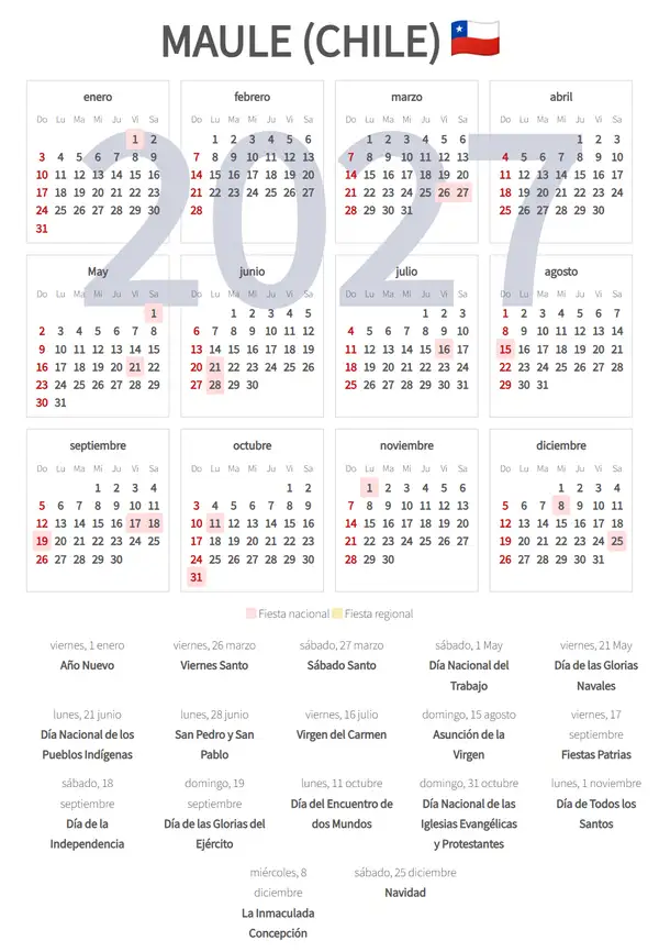 Calendario Laboral 2027, Maule (Chile)