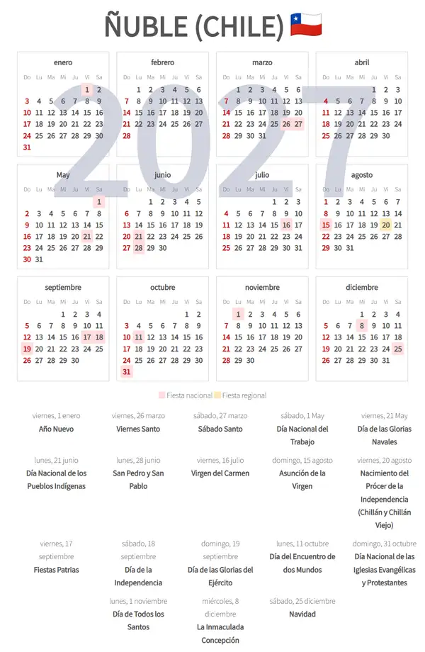 Calendario Laboral 2027, Ñuble (Chile)
