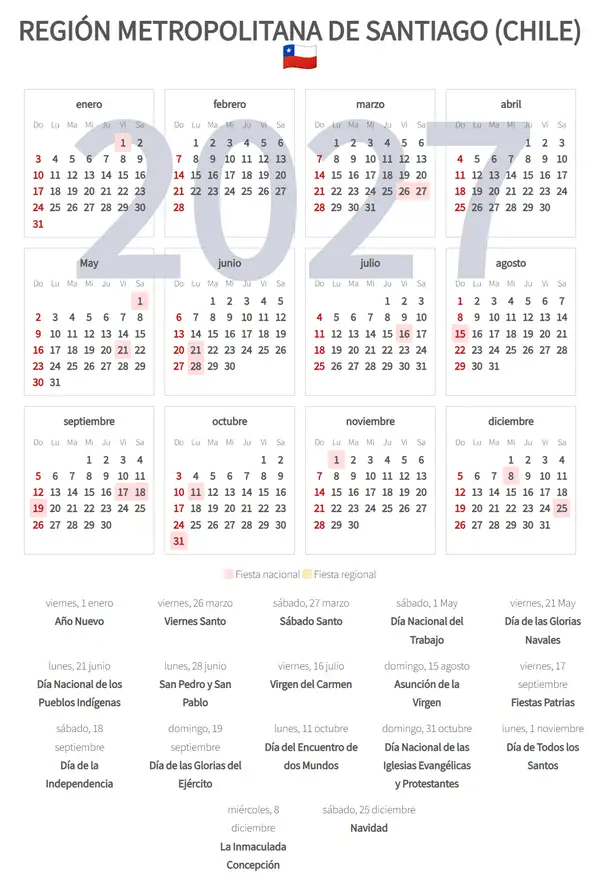 Calendario Laboral 2027, Región metropolitana de santiago (Chile)