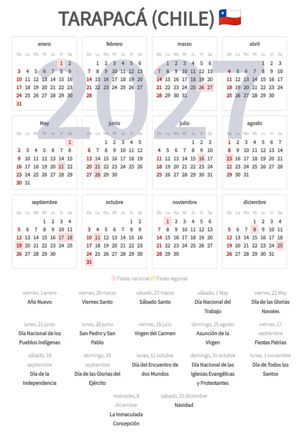 Calendario Laboral 2027, Tarapacá (Chile)