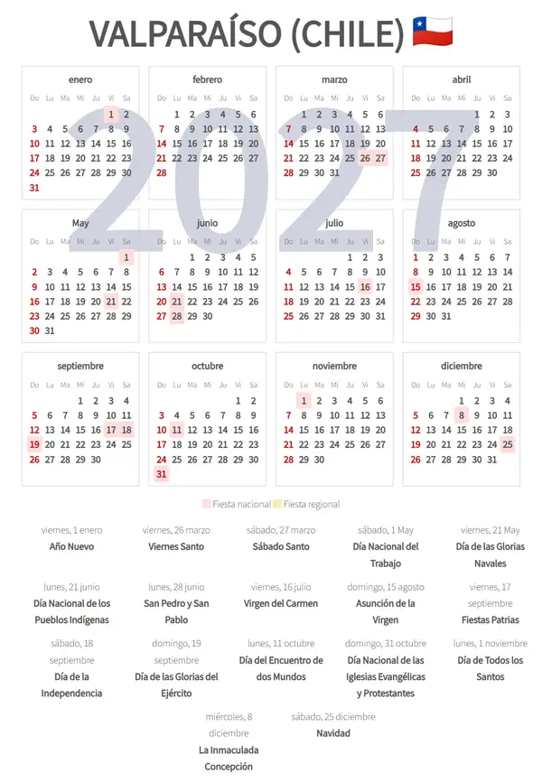 Calendario Laboral 2027, Valparaíso (Chile)
