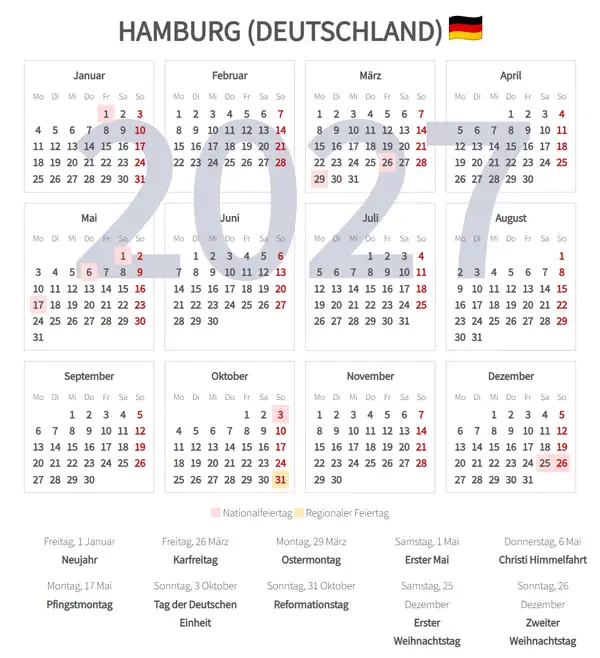 Arbeitskalender 2027, Hamburg (Deutschland)