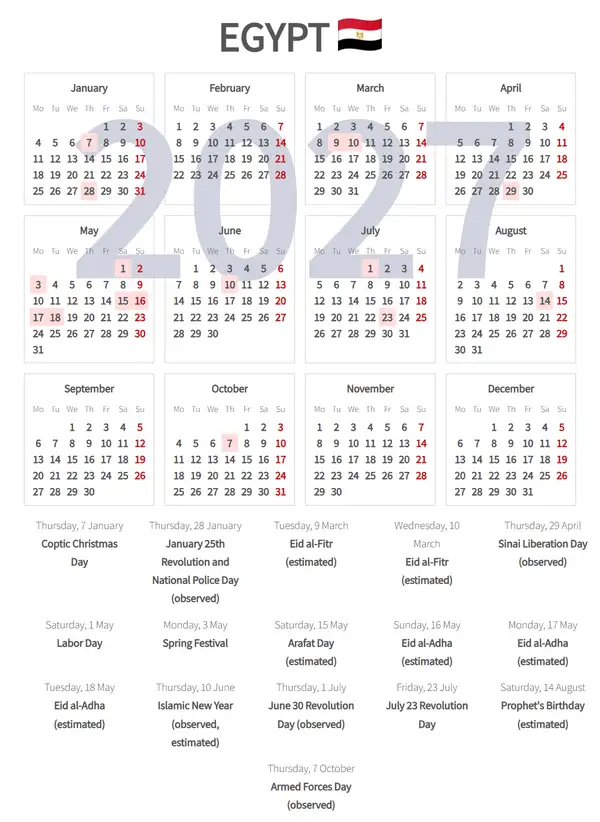 Work Calendar 2027, Egypt - Public Holidays