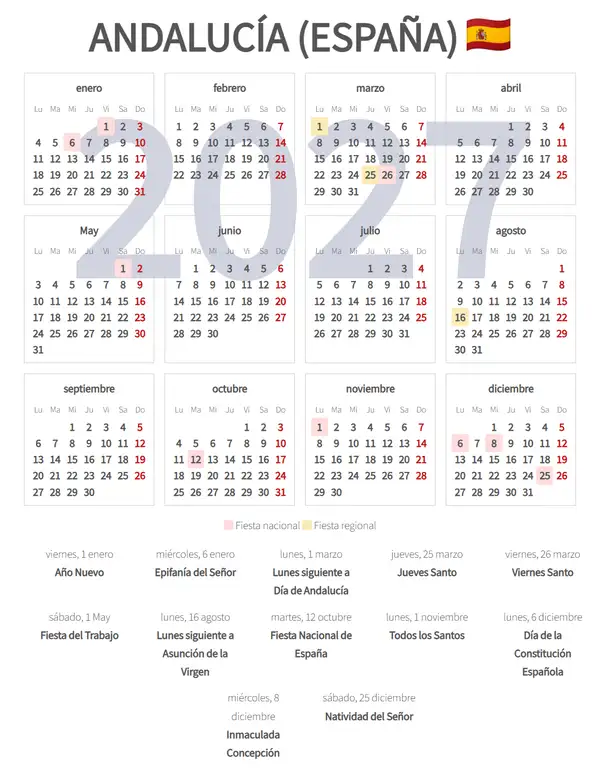 Calendario Laboral 2027, Andalucía (España)