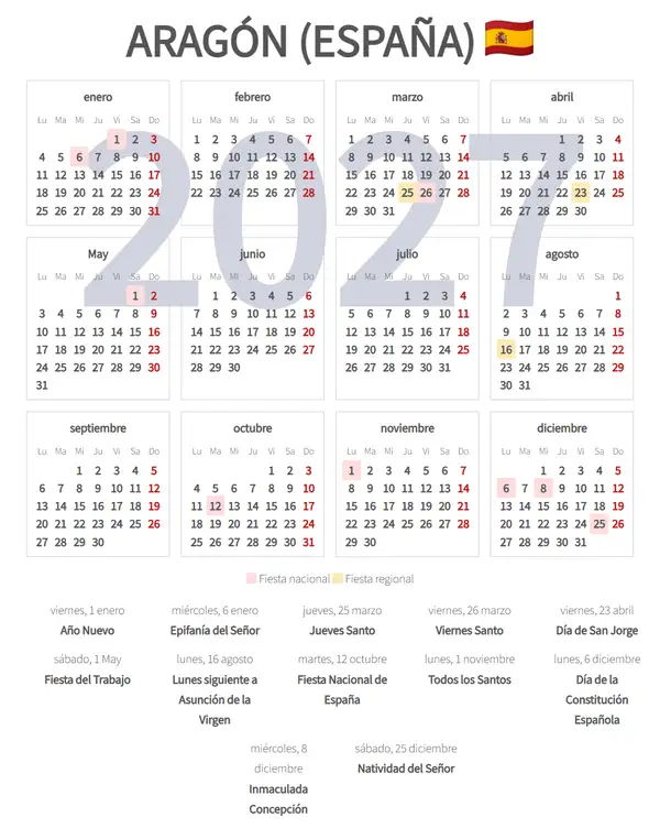 Calendario Laboral 2027, Aragón (España)