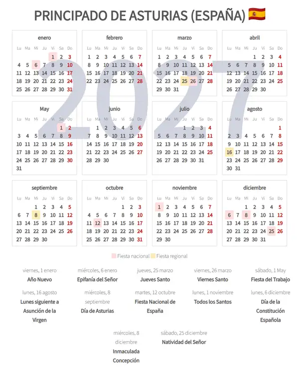 Calendario Laboral 2027, Asturias, principado de (España)