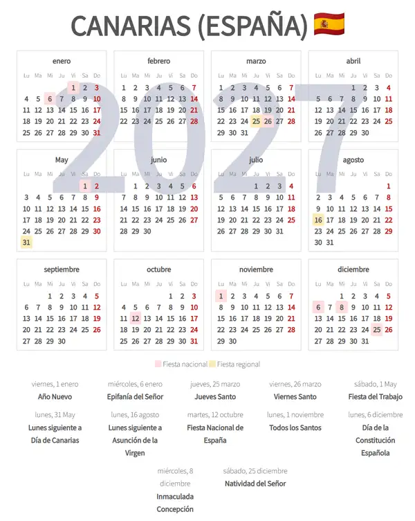 Calendario Laboral 2027, Canarias (España)