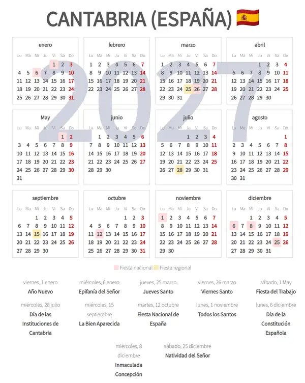 Calendario Laboral 2027, Cantabria (España)