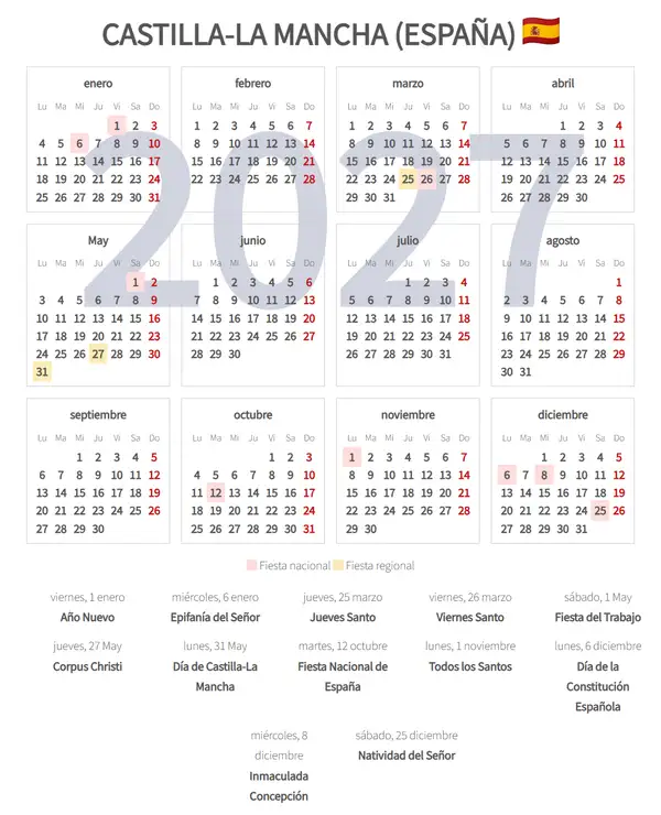 Calendario Laboral 2027, Castilla-la mancha (España)