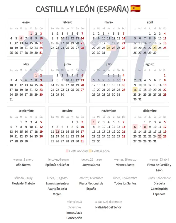 Calendario Laboral 2027, Castilla y león (España)