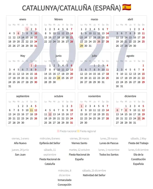 Calendario Laboral 2027, Catalunya [cataluña] (España)